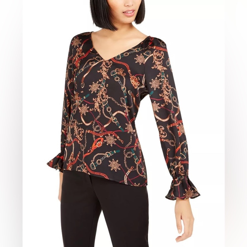 Bar III Women's Printed V Neck Top Charcoal Size Large